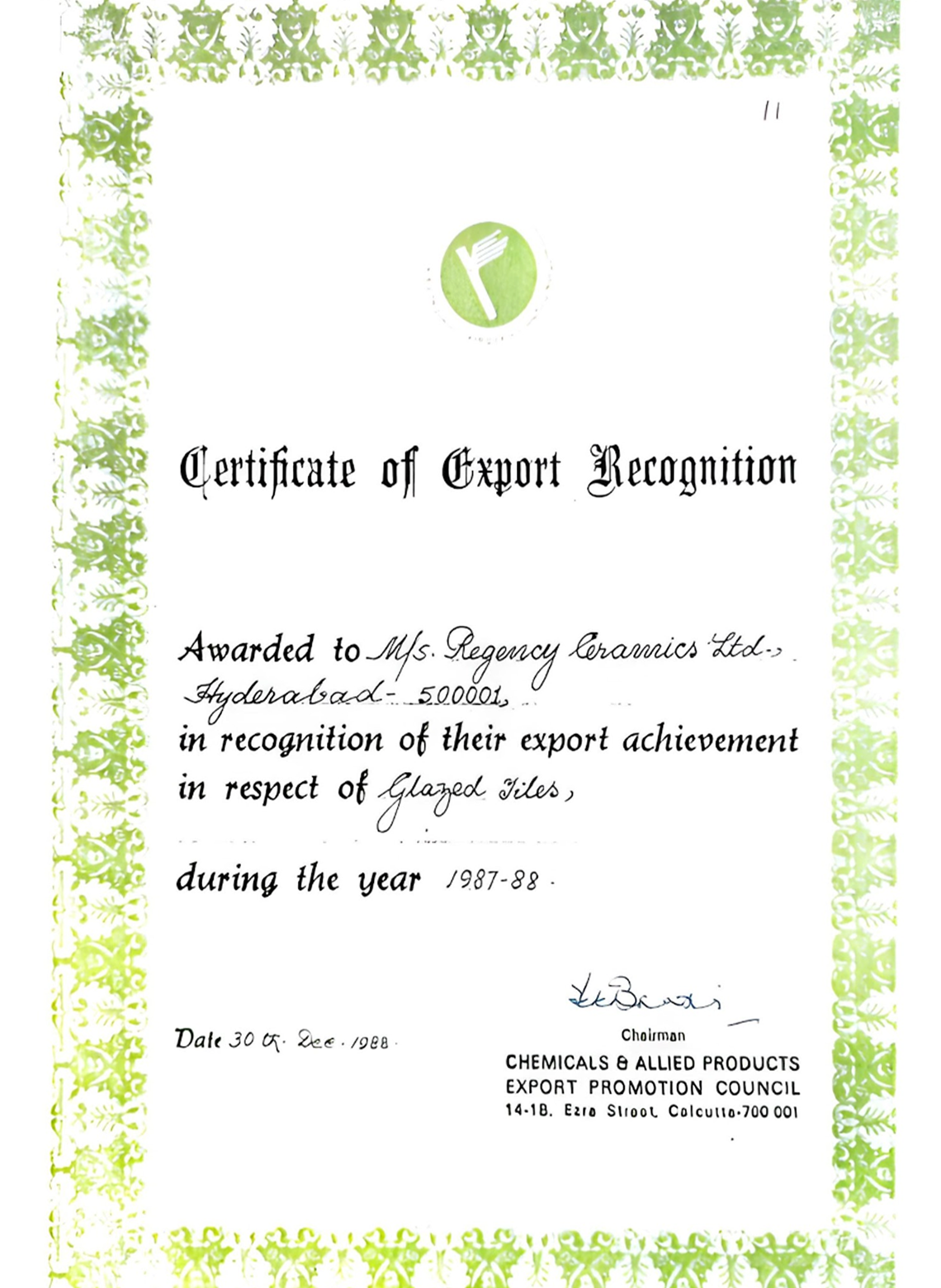 The Export Certification 1987-88 instituted by the Chemicals and Allied Products Export Promotion Council (CAPEXIL), Calcutta.