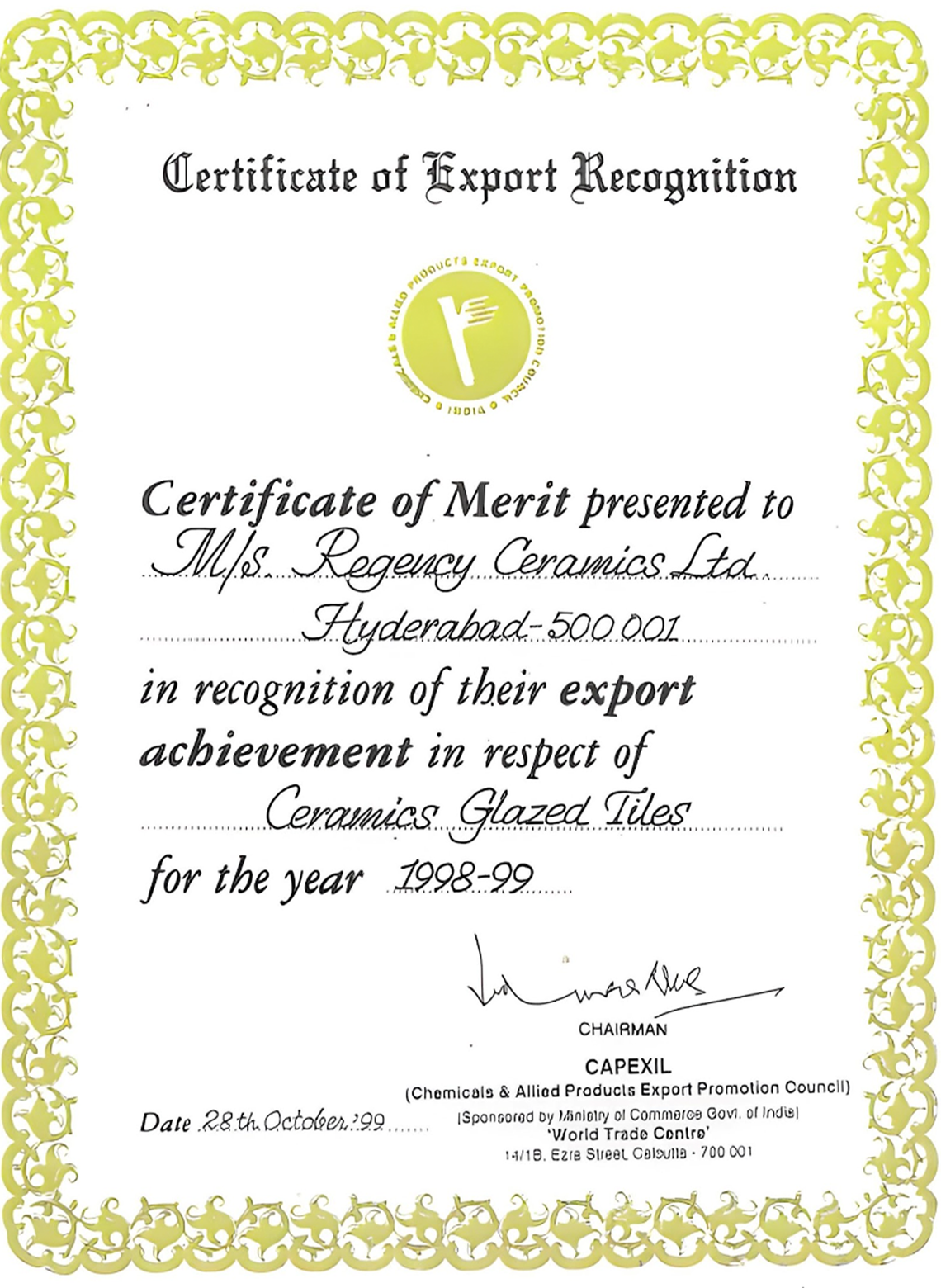 Certificate of Merit 1998-1999 in recognition of export achievement