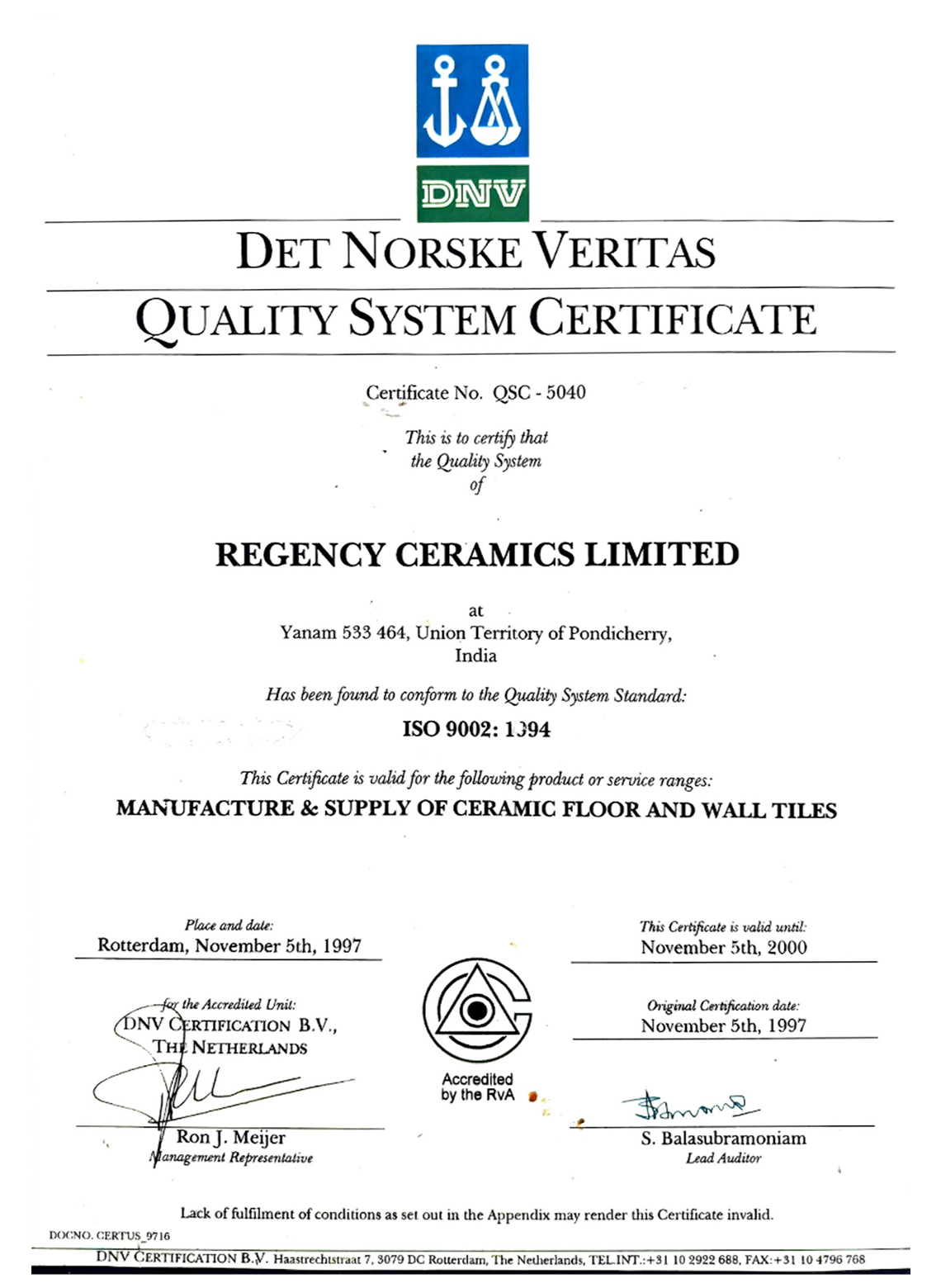 ISO 9002:1994 Certification