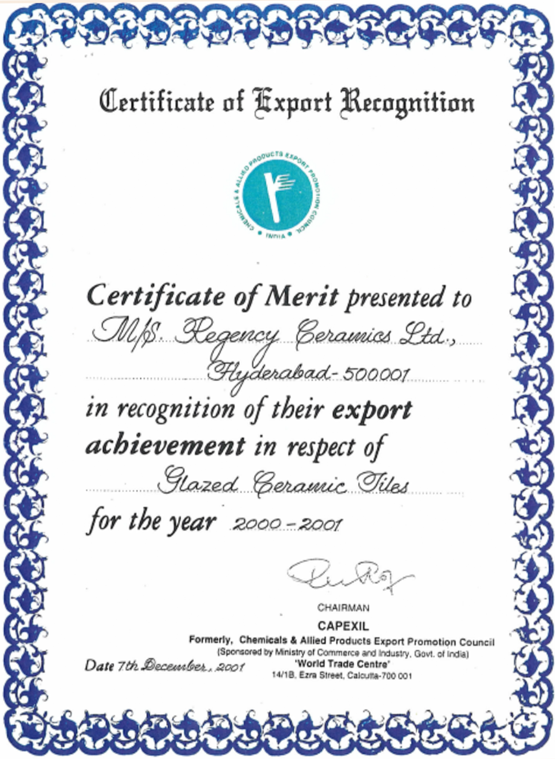 Certificate of Merit 2000-2001 in recognition of export achievement