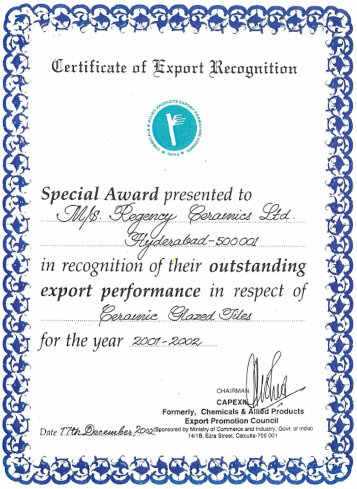 Special Export Award 2001-2002