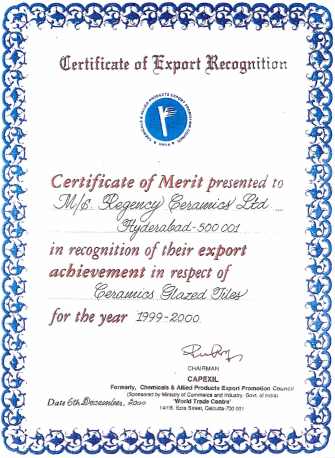 Certificate of Merit 1999-2000 in recognition of export achievement