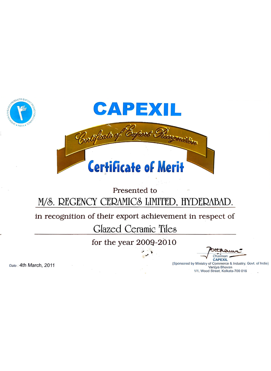 Certificate of Merit in recognition of their export achievements in respect of Ceramic Glazed Tiles 2009 - 2010