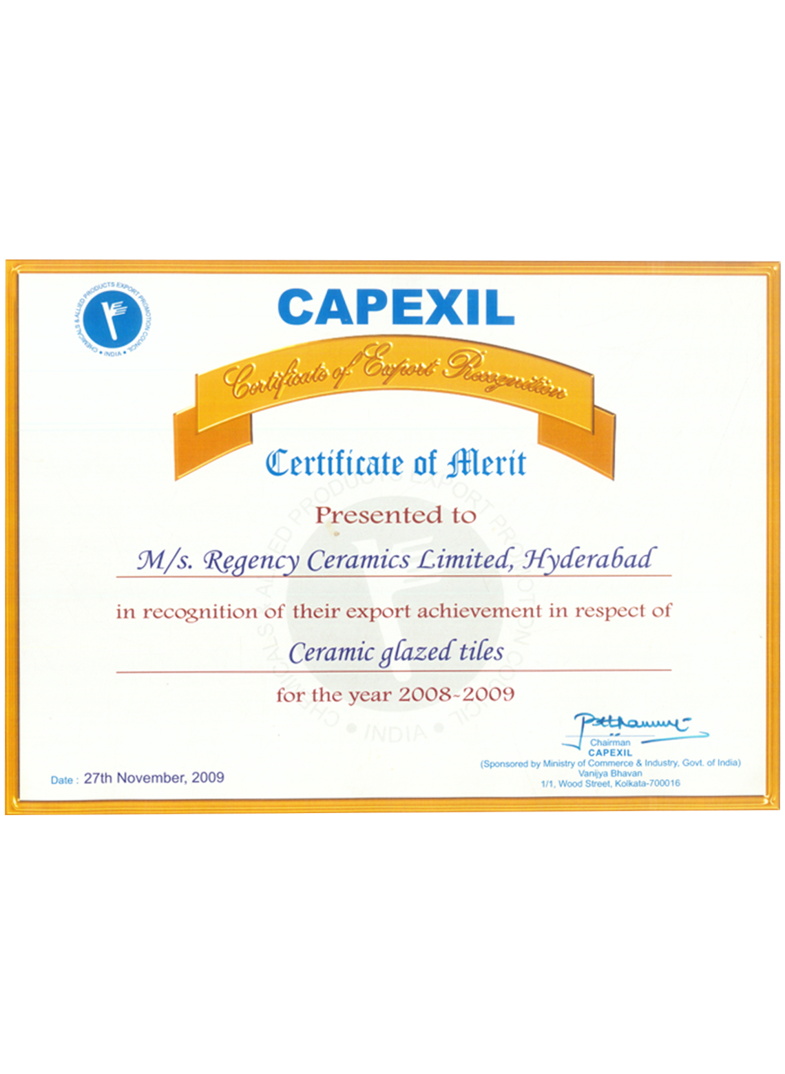 Certificate of Merit in recognition of their export achievements in respect of Ceramic Glazed Tiles 2008 - 2009